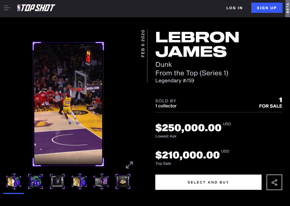 A collectible dunk from Lebron James is up for sale on the NBA’s Top Shot marketplace. Source: NBA Top Shot website